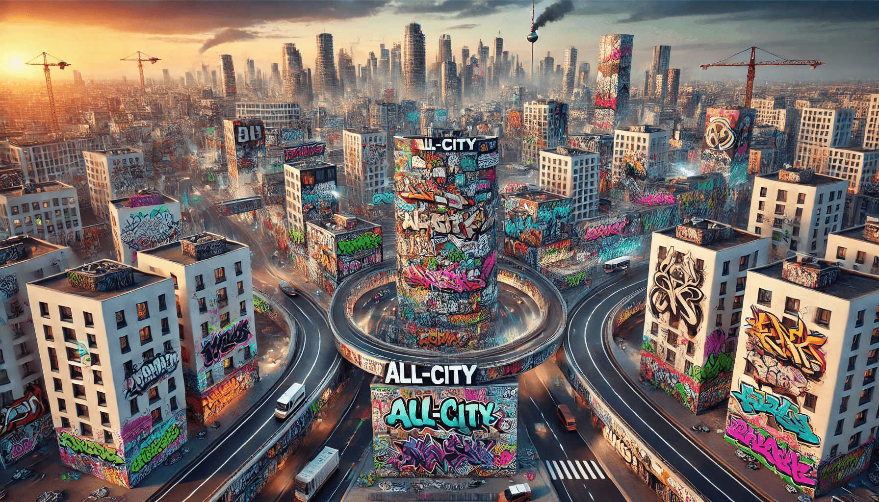 Panorama einer futuristischen Stadt, in der sämtliche Gebäude mit buntem Graffiti bedeckt sind, mit einem zentralen Rundbau, auf dem 'ALL-CITY' steht, umgeben von Hochhäusern, Straßen und Kranauslegern in der Abenddämmerung.