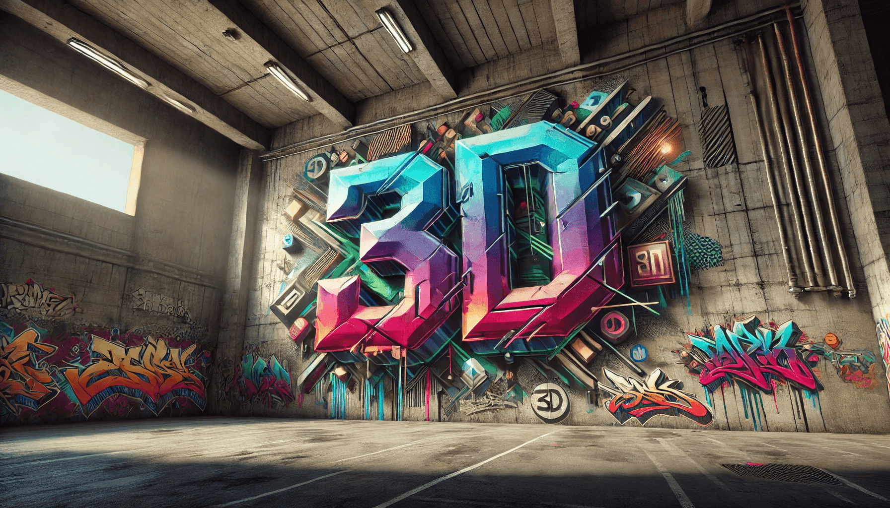 Futuristisches 3D-Graffiti in leuchtenden Farben an einer Betonwand in einer verlassenen Halle, umgeben von urbaner Street-Art