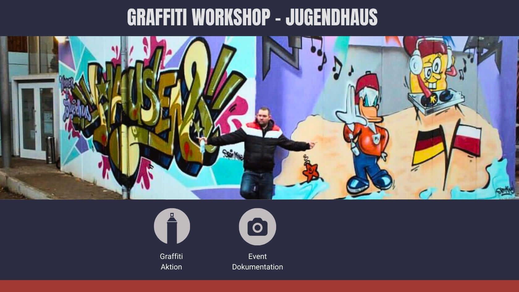 Open Mike vor dem fertigen Jugendhaus-Graffiti in Stuttgart-Hausen – Workshop mit Video-Dokumentation zur kreativen Projektarbeit mit Jugendlichen.