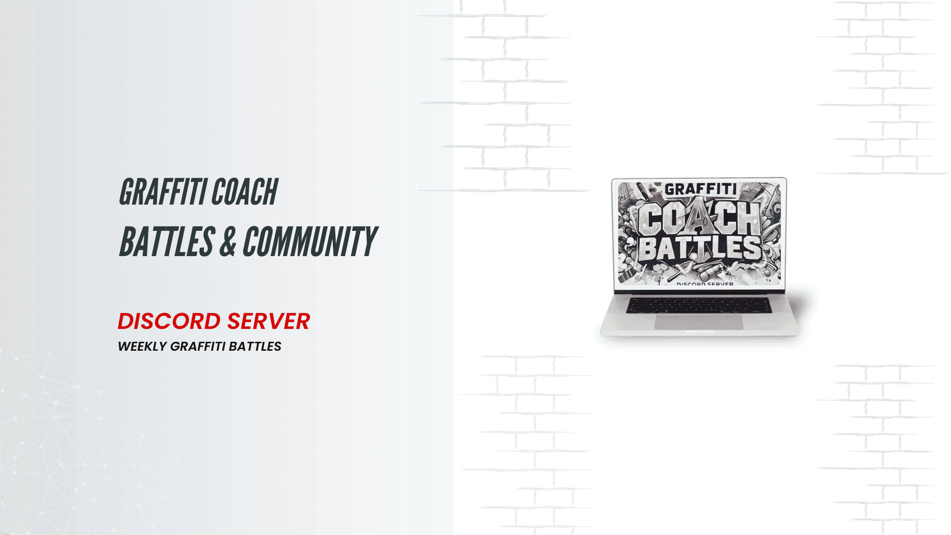 Ein digitaler Flyer mit „Graffiti Coach Battles & Community“ auf der linken Seite, der für einen Discord-Server für wöchentliche Graffiti-Battles wirbt. Auf der rechten Seite zeigt ein Laptop die Website „Graffiti Coach Battles“. Hintergrund: weiße Backsteinmauer.Der Flyer ist eine Ergänzung zum text der Homepage und weist zu einer Unterseite hin, über die Graffiti Coach Battles & Community.