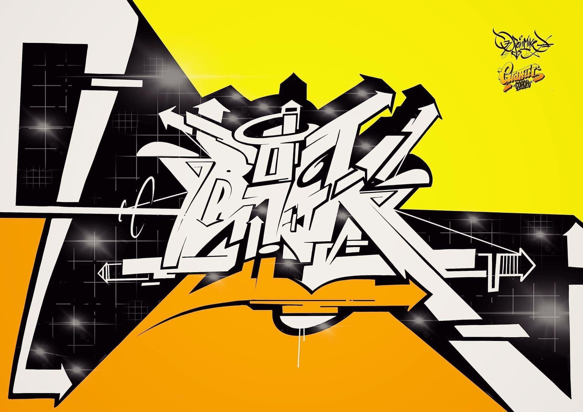 Abstraktes Graffiti-Design in Schwarz, Weiß, Gelb und Orange mit dynamischen Pfeilen und stylisierten Buchstaben auf urbanem Hintergrund.
