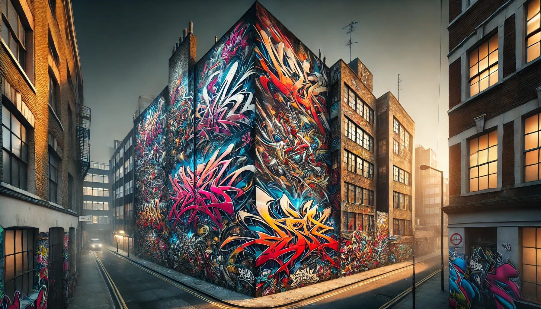 Ein großflächiges Back-to-Back (B2B) Graffiti bedeckt die gesamte Seitenwand eines alten, urbanen Gebäudes. Die Wandmalerei besteht aus lebendigen Farben, dynamischen Schriftzügen und ausdrucksstarken Charakteren, die sich nahtlos in die verwitterte Fassadenstruktur einfügen. Die Umgebung wirkt rau und authentisch mit engen Straßen, Stromleitungen und fernen Stadtlichtern. Die Atmosphäre ist düster, mit tiefen Schatten und einem ambienten Leuchten, das die rebellische und künstlerische Stimmung des Werks unterstreicht.