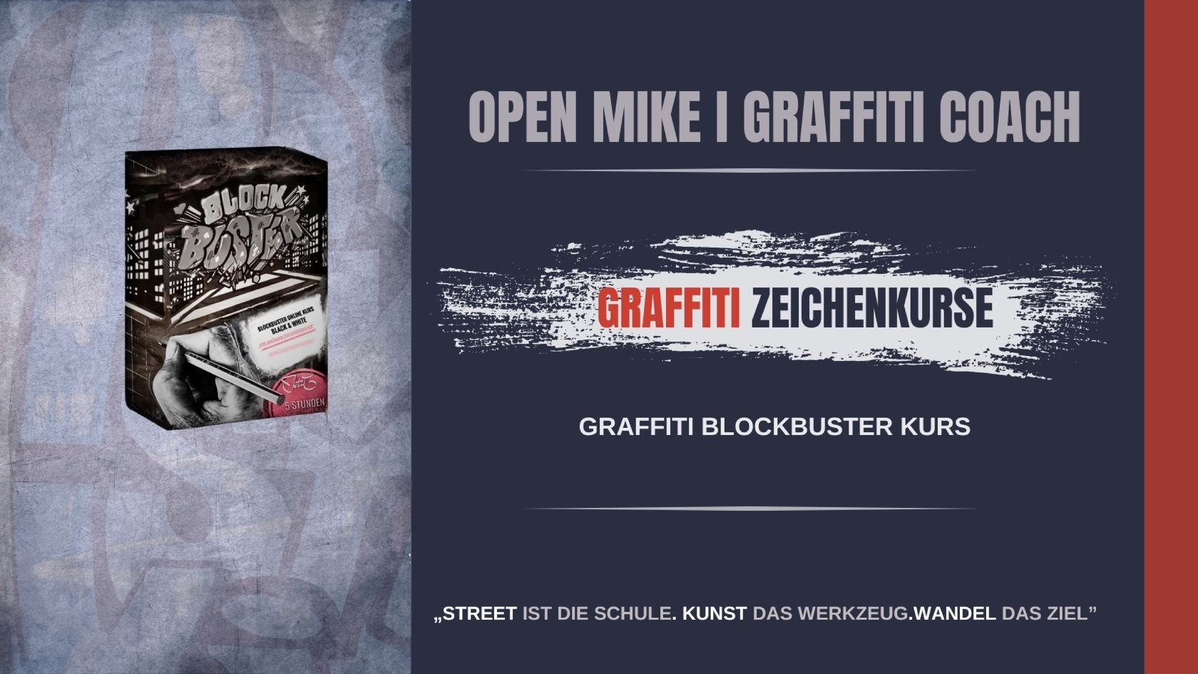 Advertisement for graffiti drawing courses with a street art design on a textured blue background.