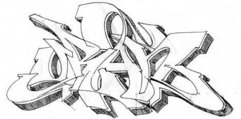 Schwarz-weiße Skizze eines 3D-Graffiti-Schriftzugs mit dynamischen Linien und perspektivischer Tiefe.