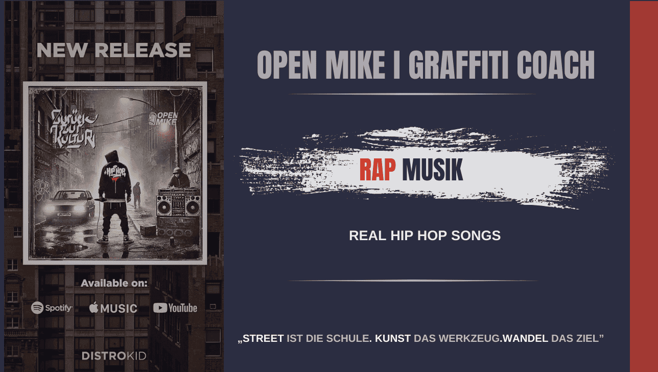 Promo-Grafik für Open Mike | Graffiti Coach – Hip-Hop-Vibes, neue Musik & verfügbar auf Streaming-Plattformen