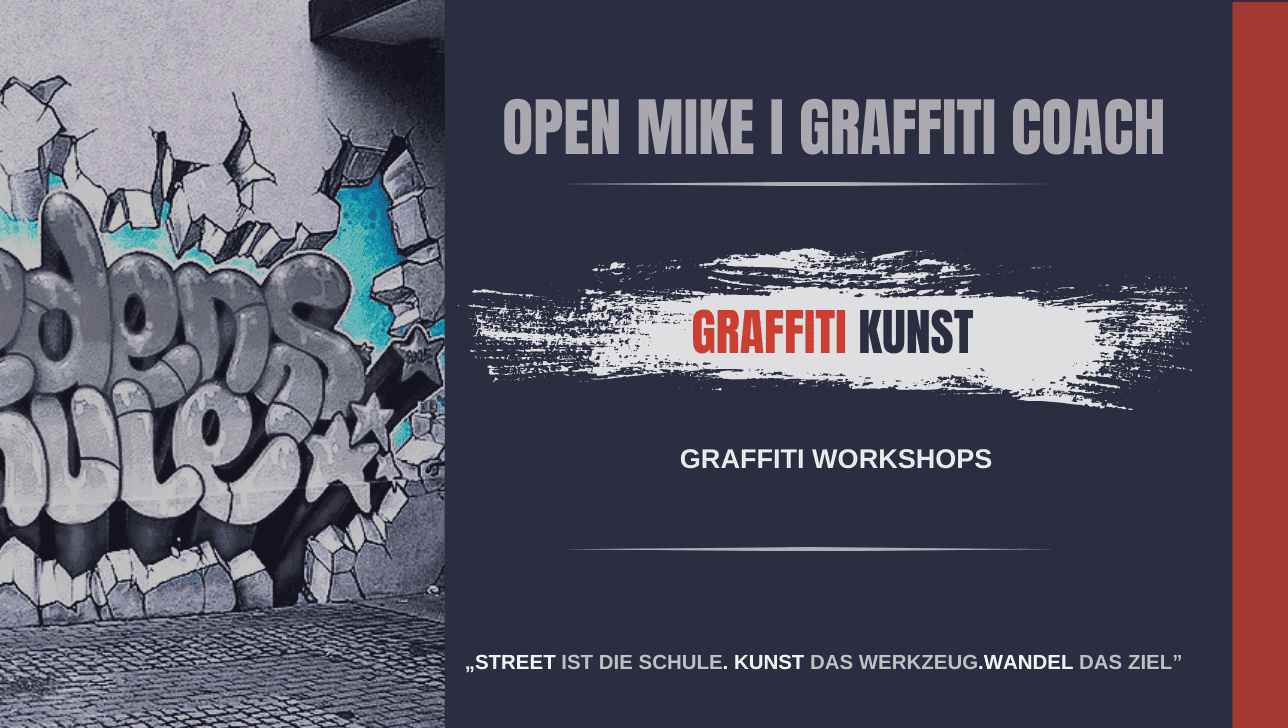 der Banner zeigt einen Ausschnitt zum Graffiti Workshop. Teilnehmer gestalten gemeinsam ein Mural mit professioneller Anleitung von Open Mike in Stuttgart.